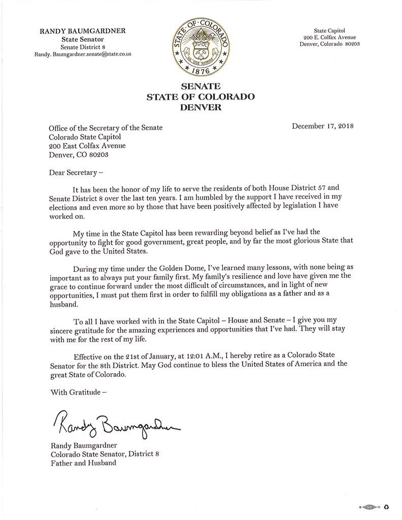 Sen. Randy Baumgardner's resignation letter